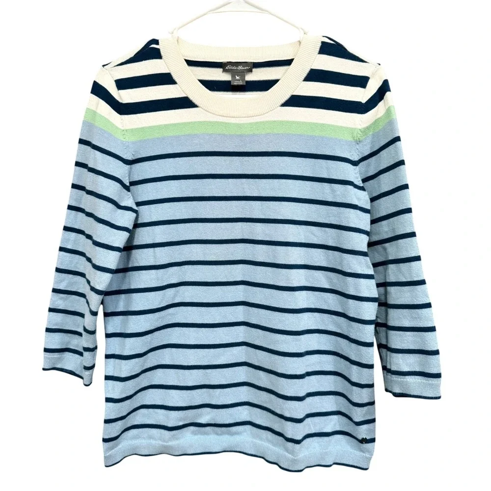 Eddie Bauer Striped Crew Neck Sweater Cotton‎ Blend 3/4 Sleeve Top Large